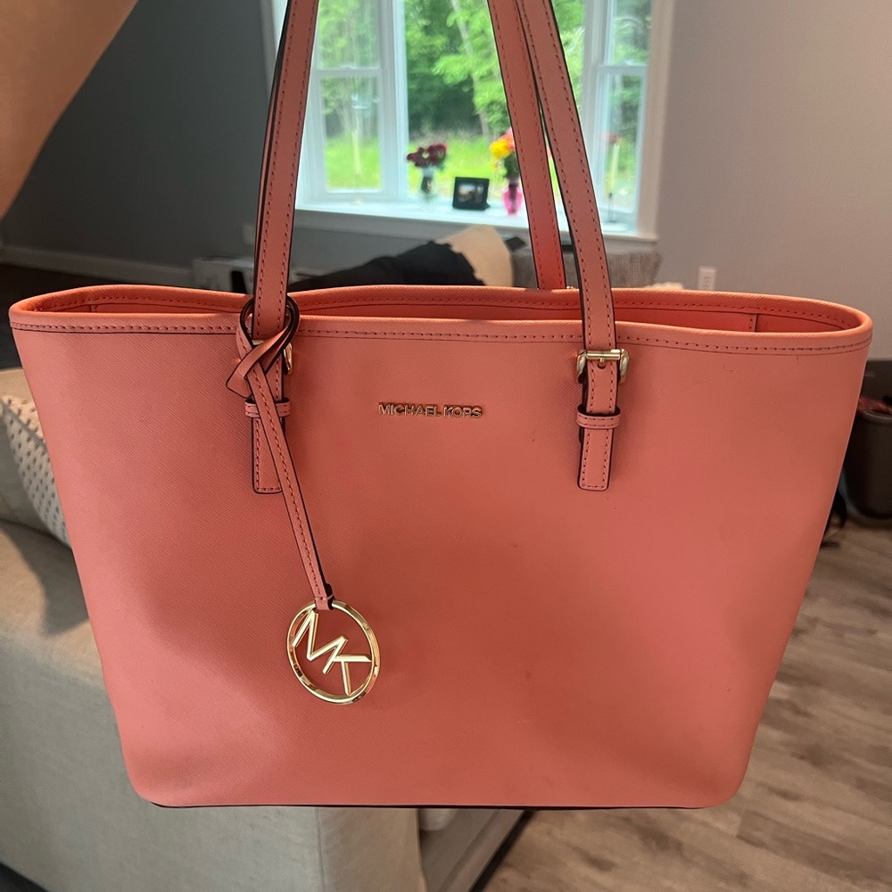 Michael Kors Pink Leather Tote Bag with Metal Accents